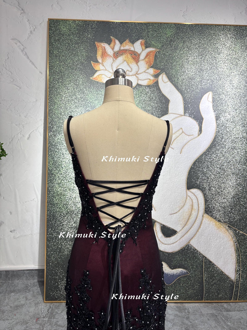 Vintage Black and Red Party Dress,Handmade Beaded Prom Dress,V-neck Long Evening Dress