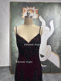 Vintage Black and Red Party Dress,Handmade Beaded Prom Dress,V-neck Long Evening Dress