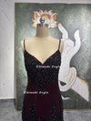 Vintage Black and Red Party Dress,Handmade Beaded Prom Dress,V-neck Long Evening Dress