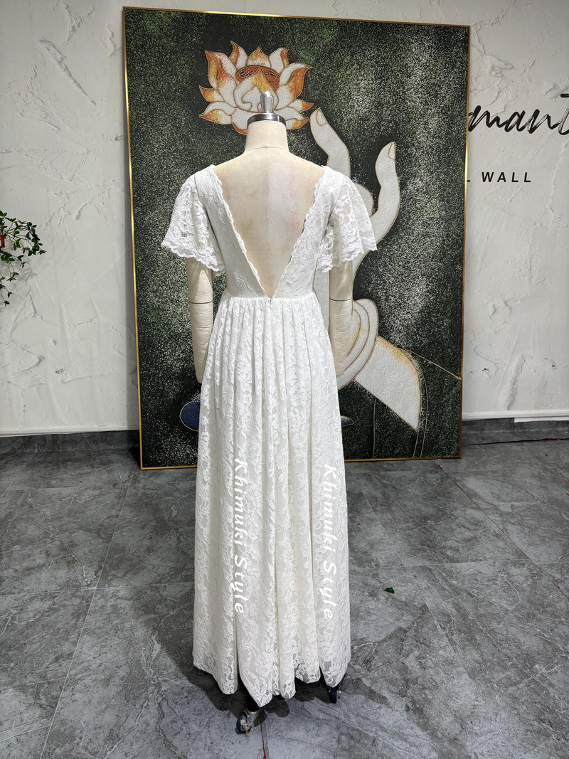 Butterfly Sleeve Lace Wedding Dress,Bohemian Wedding Dress, Pregnant Wedding Dress