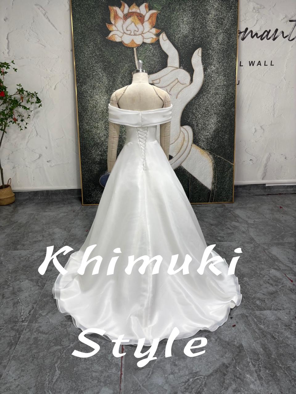 White Off the Shoulder Wedding Dress,Organza Wedding Dress,Straight Neck Wedding Dress