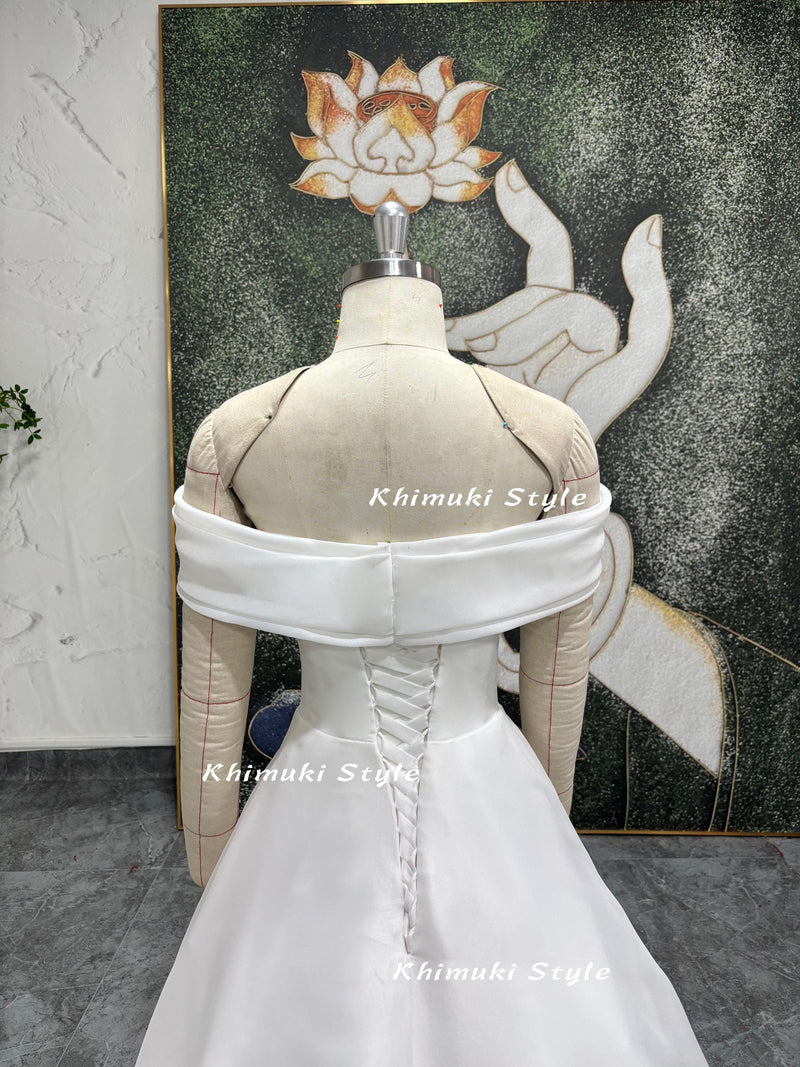 White Off the Shoulder Wedding Dress,Organza Wedding Dress,Straight Neck Wedding Dress