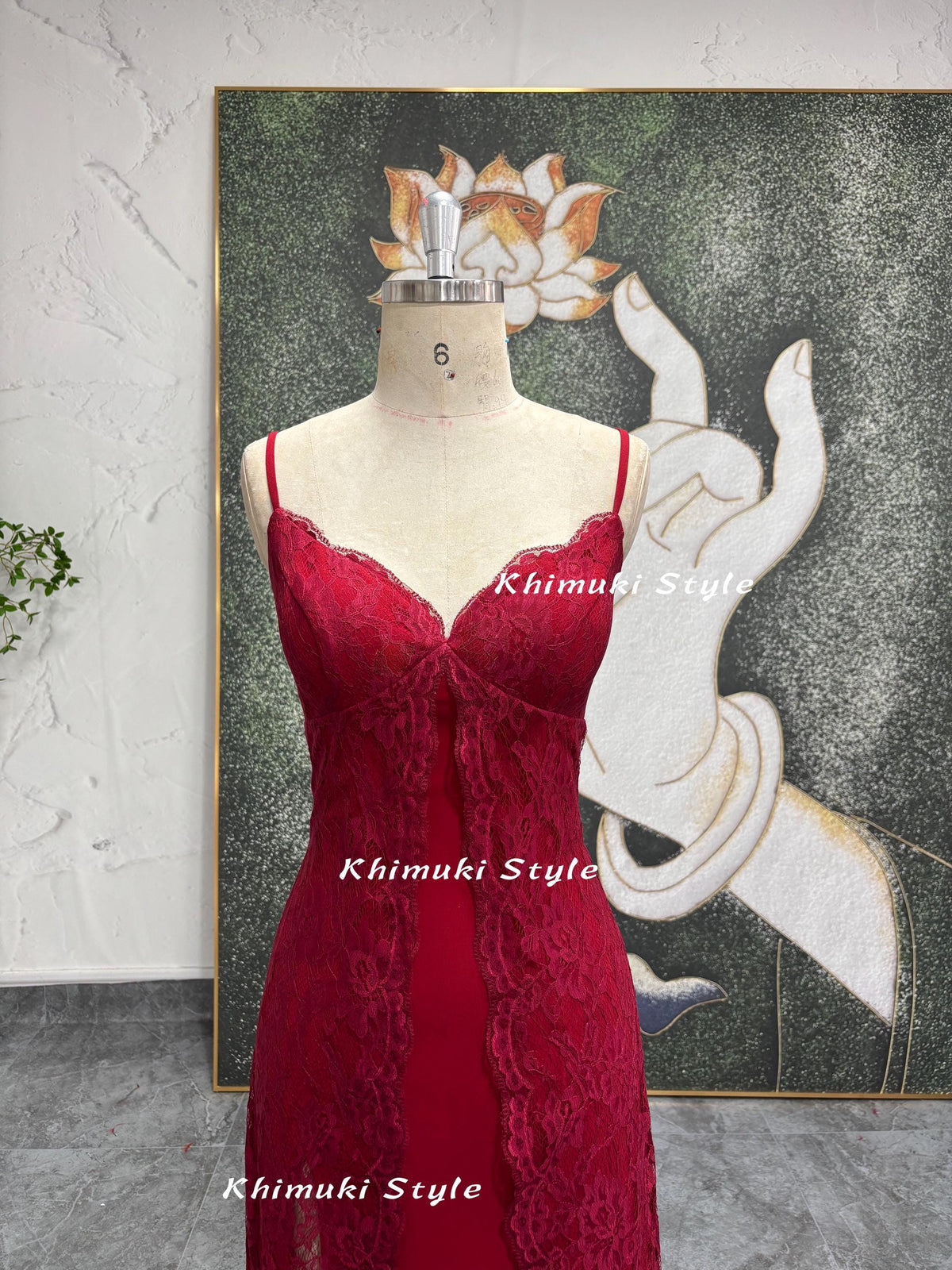 Vintage Red Prom Dress,90s Lace Party Dress,Red Slit Prom Dress