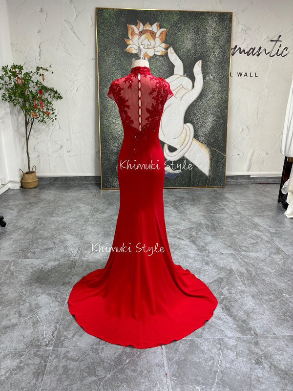 long train red wedding dress
