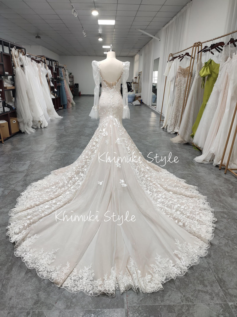 long train v-back wedding dress