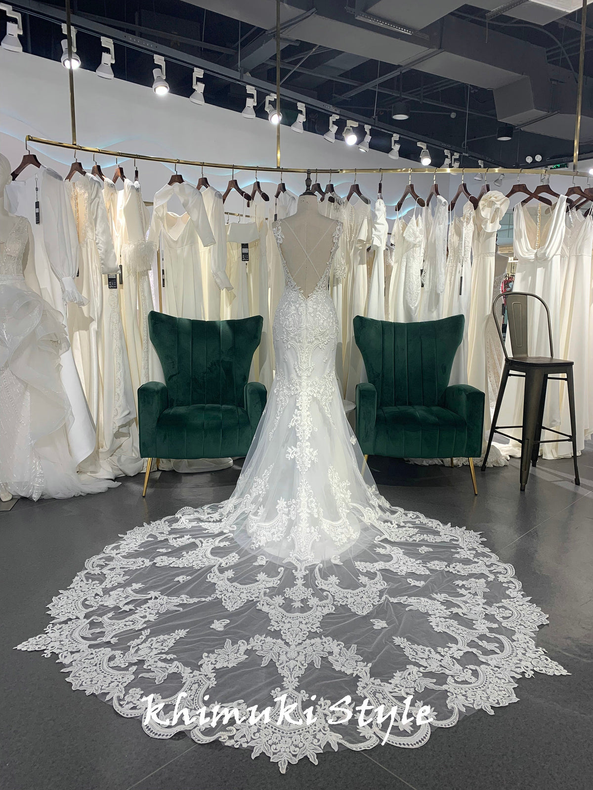 long train French lace bridal dress