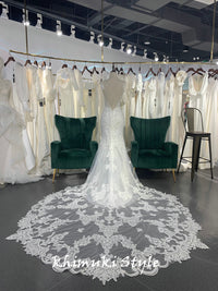 long train French lace bridal dress