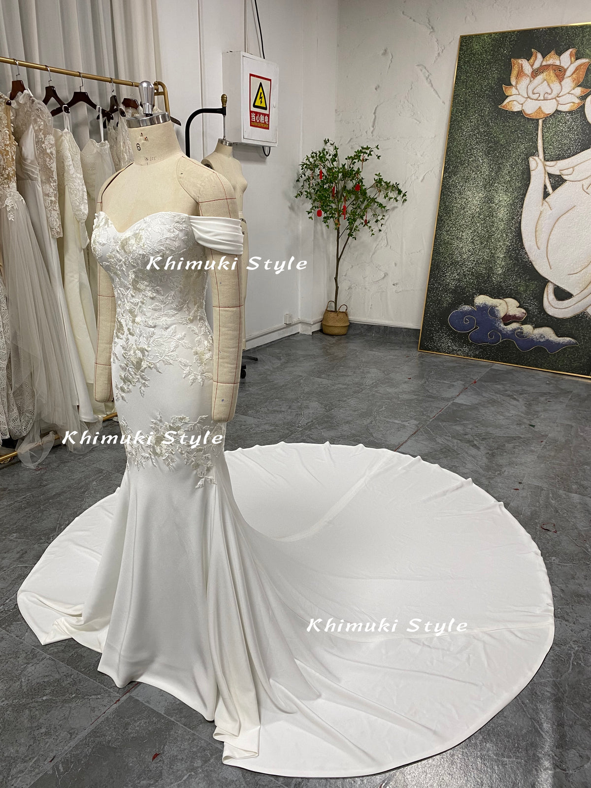 mermaid off the shoulder sleeve wedding gown