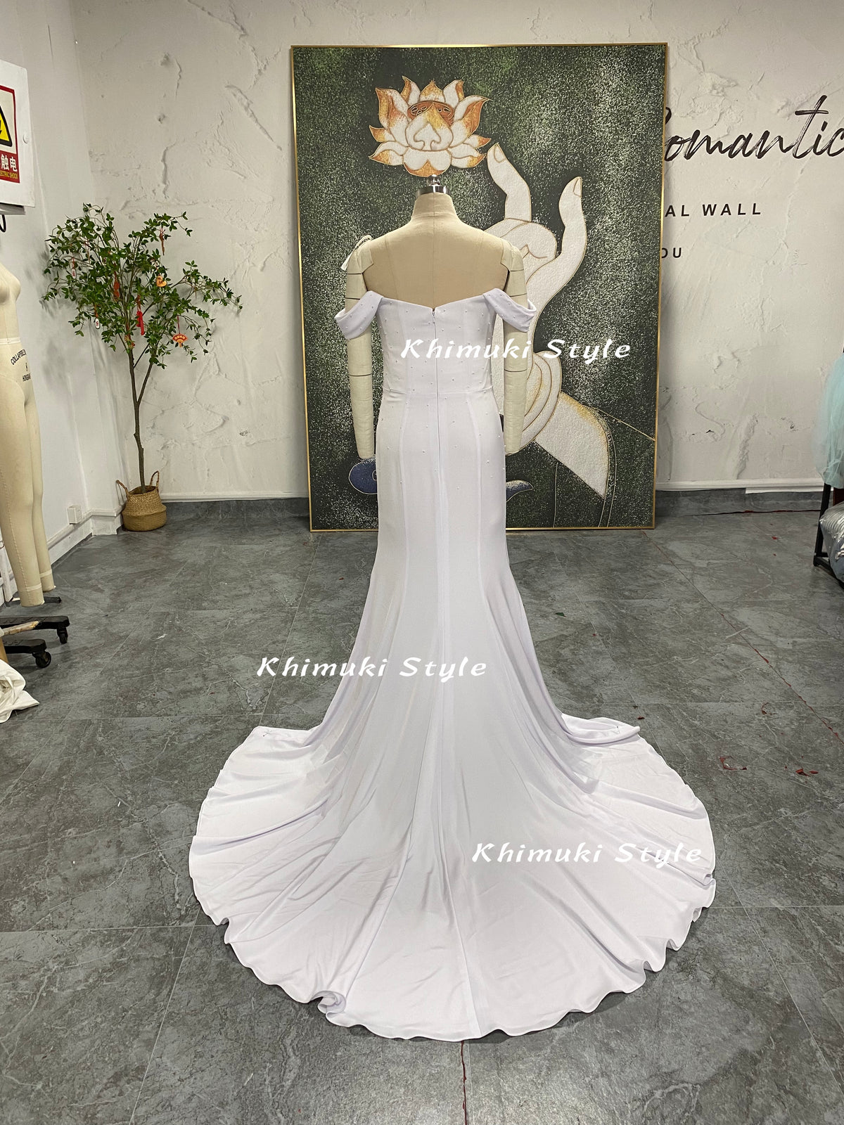 off shoulder sleeve wedding gown