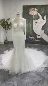 mermaid long sleeves high neck wedding gown