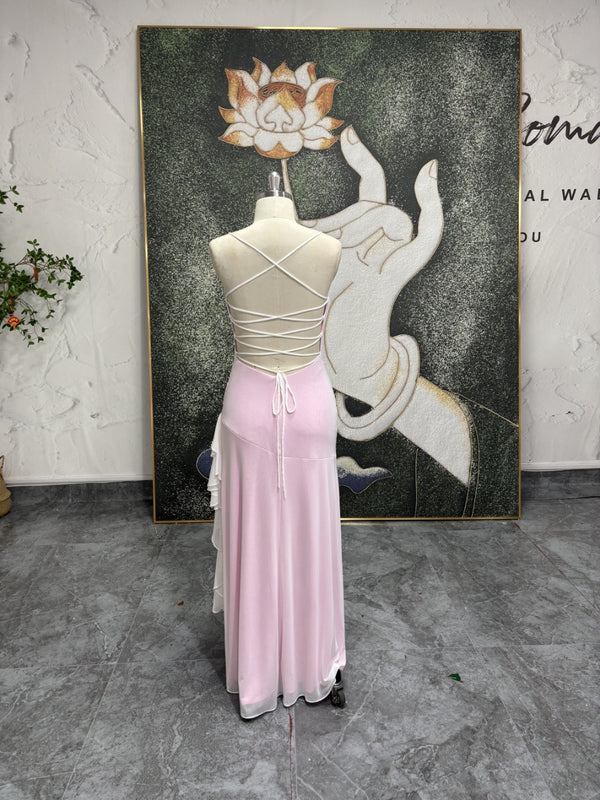 sheath white and pink prom gown