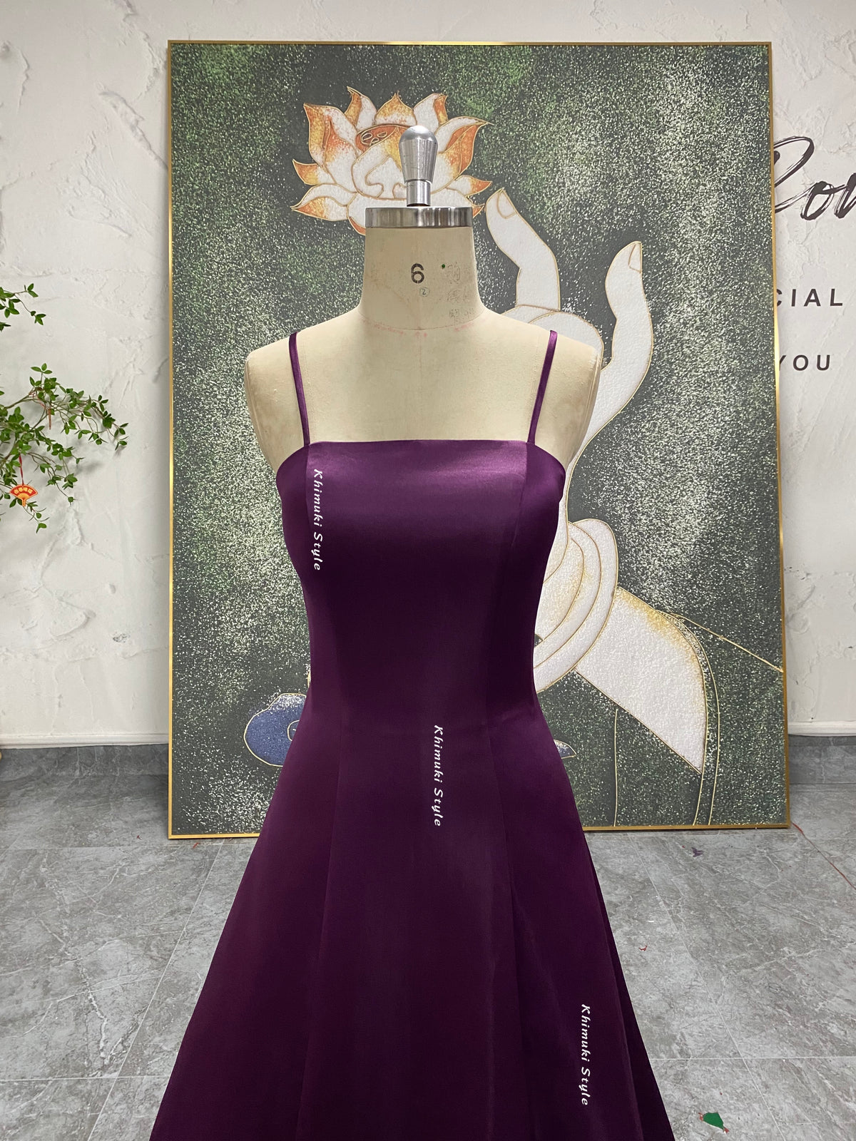 square neckline purple prom gown
